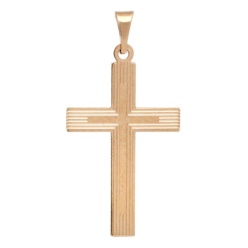 Rachel Koen Striped Small Cross Pendant Unisex 14K Yellow Gold
